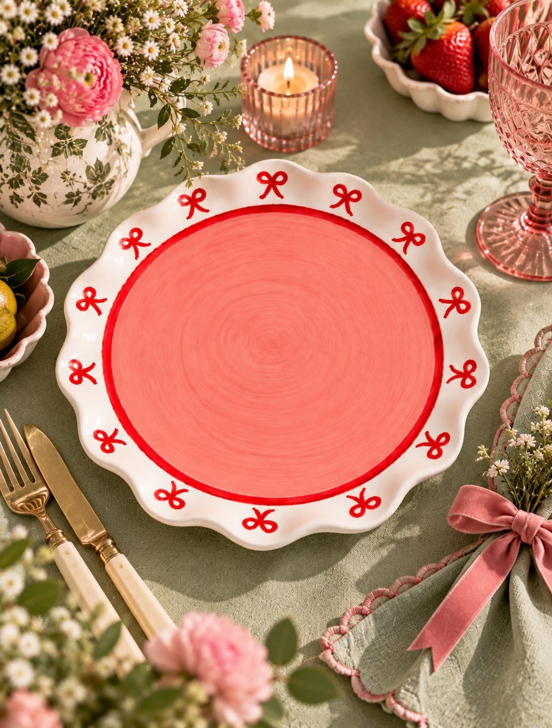 Bow plate on a table set with flowers