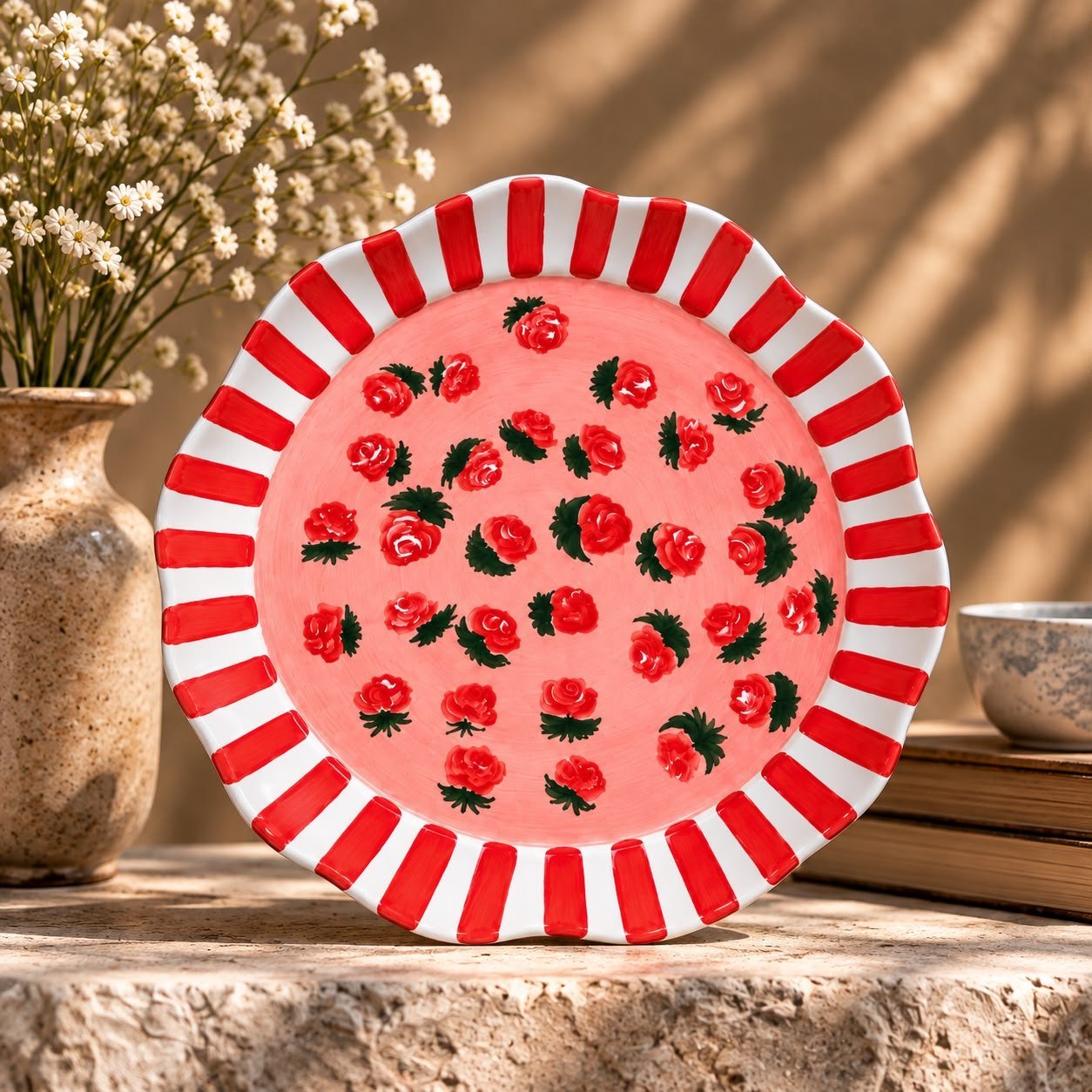 Hand-painted Rosa plate on a stone shelf in afternoon light